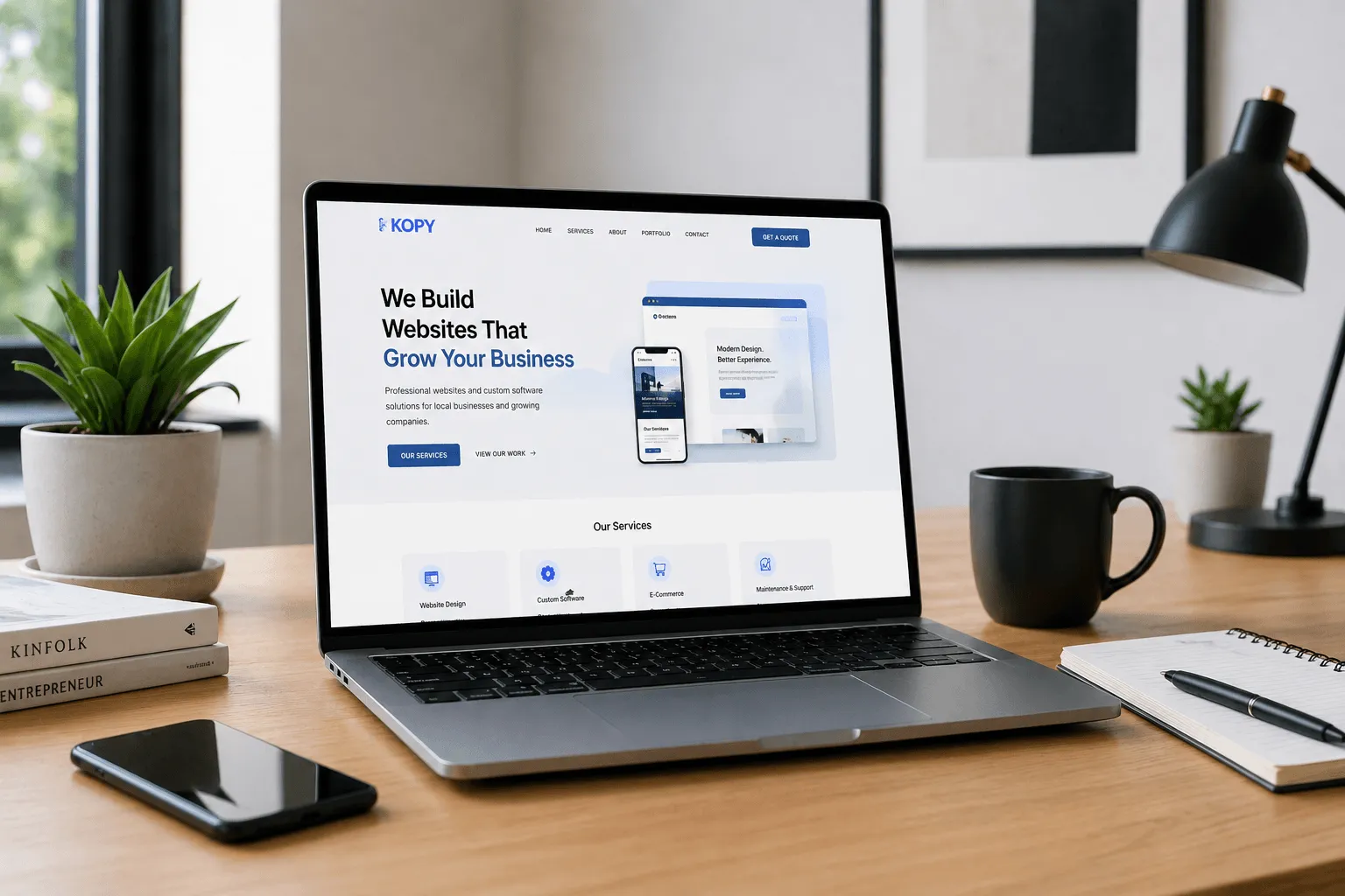 Clean modern workspace with laptop showing a professional website